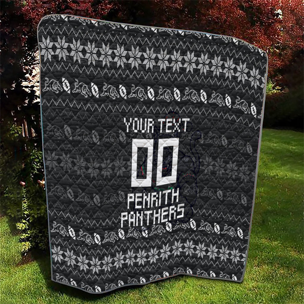 Personalized Penrith Panthers Christmas Quilt Australian Rugby Fans - Pixelated Ugly Xmas Pattern Mascot Santa