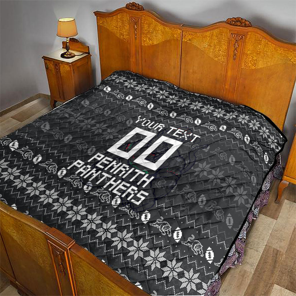 Personalized Penrith Panthers Christmas Quilt Australian Rugby Fans - Pixelated Ugly Xmas Pattern Mascot Santa
