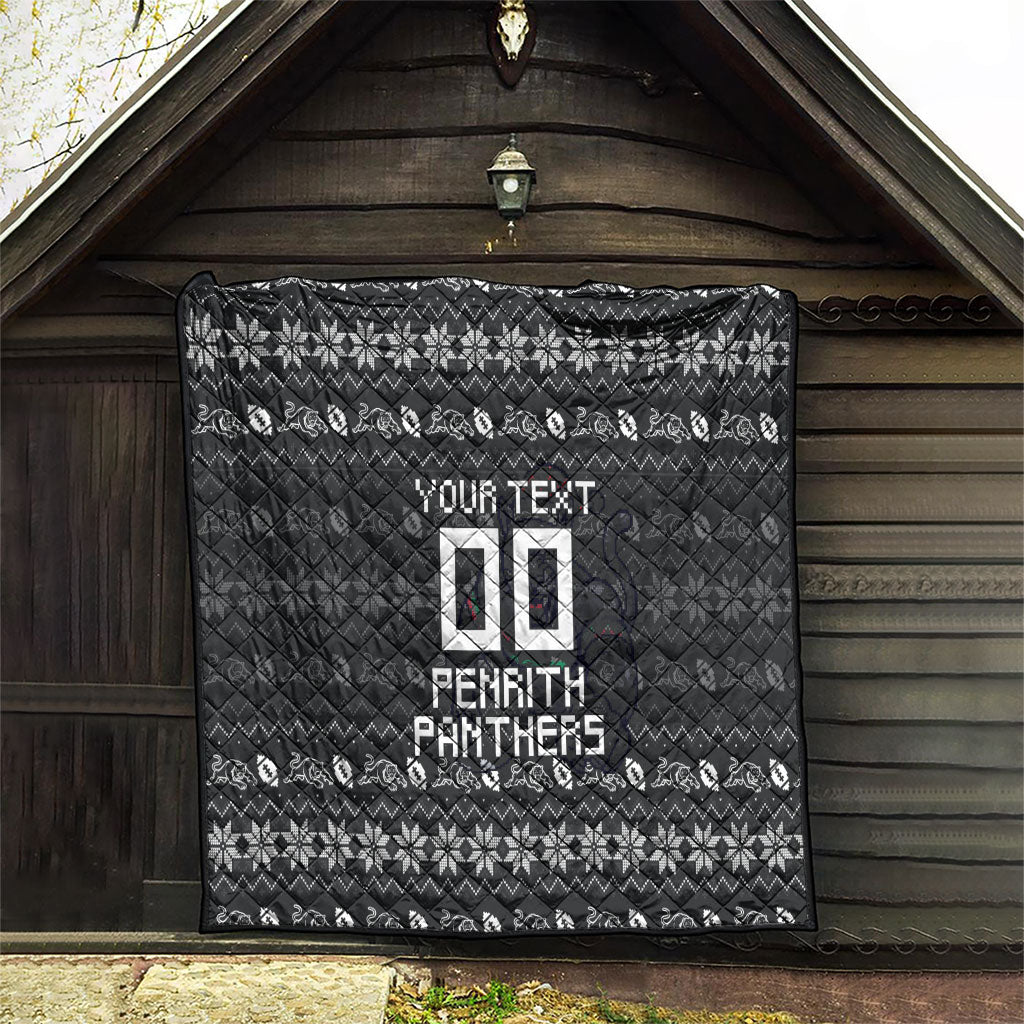 Personalized Penrith Panthers Christmas Quilt Australian Rugby Fans - Pixelated Ugly Xmas Pattern Mascot Santa