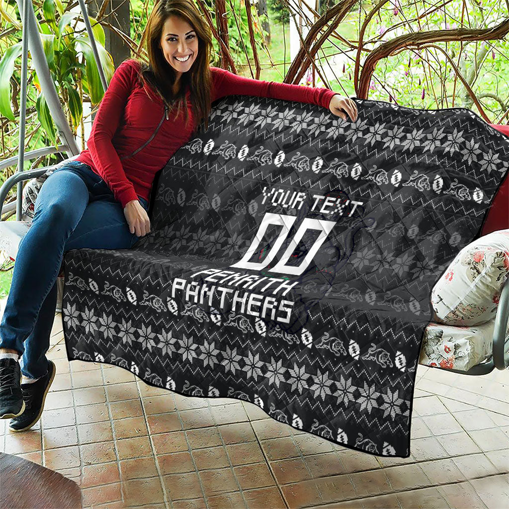 Personalized Penrith Panthers Christmas Quilt Australian Rugby Fans - Pixelated Ugly Xmas Pattern Mascot Santa