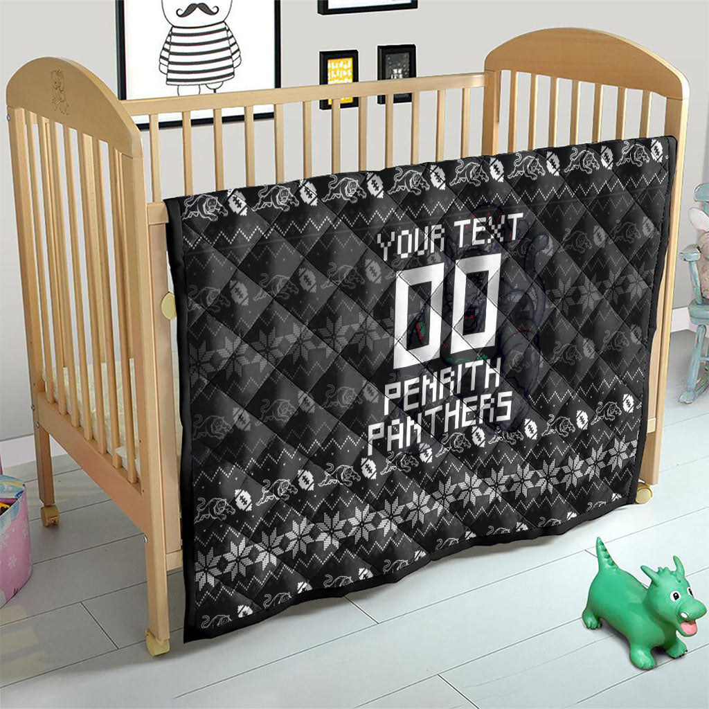 Personalized Penrith Panthers Christmas Quilt Australian Rugby Fans - Pixelated Ugly Xmas Pattern Mascot Santa