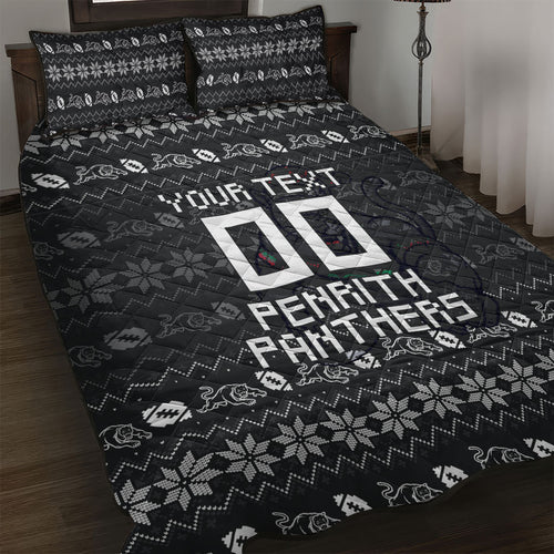 Personalized Penrith Panthers Christmas Quilt Bed Set Australian Rugby Fans - Pixelated Ugly Xmas Pattern Mascot Santa