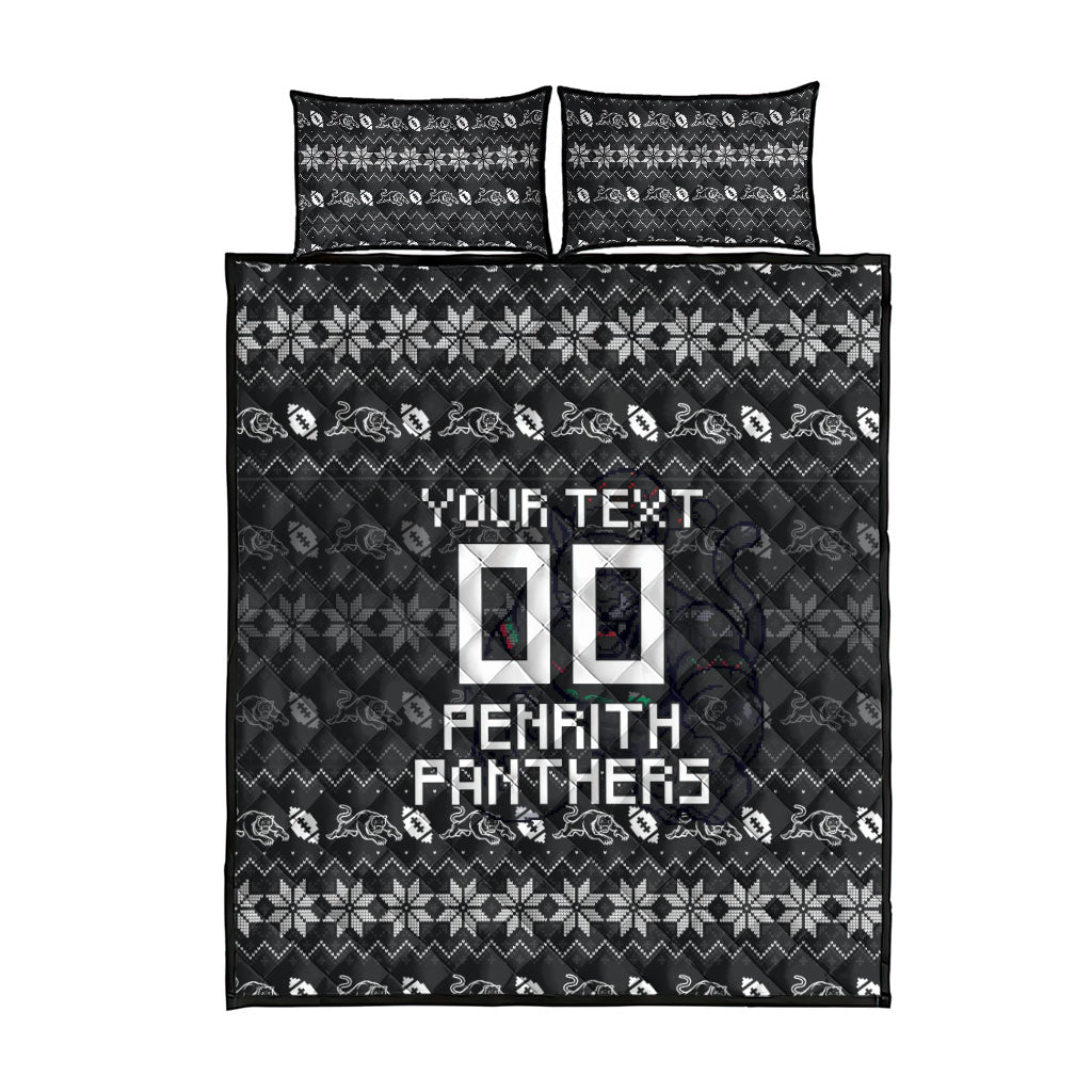 Personalized Penrith Panthers Christmas Quilt Bed Set Australian Rugby Fans - Pixelated Ugly Xmas Pattern Mascot Santa