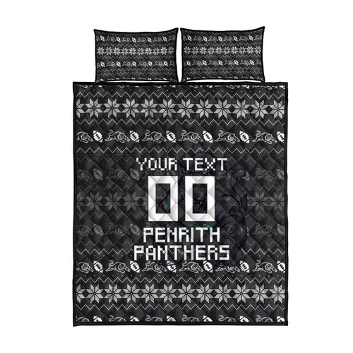 Personalized Penrith Panthers Christmas Quilt Bed Set Australian Rugby Fans - Pixelated Ugly Xmas Pattern Mascot Santa
