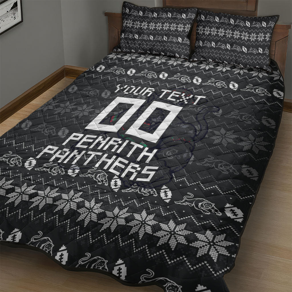 Personalized Penrith Panthers Christmas Quilt Bed Set Australian Rugby Fans - Pixelated Ugly Xmas Pattern Mascot Santa