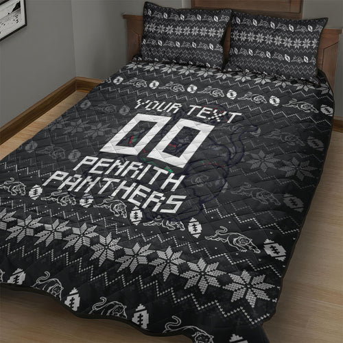 Personalized Penrith Panthers Christmas Quilt Bed Set Australian Rugby Fans - Pixelated Ugly Xmas Pattern Mascot Santa