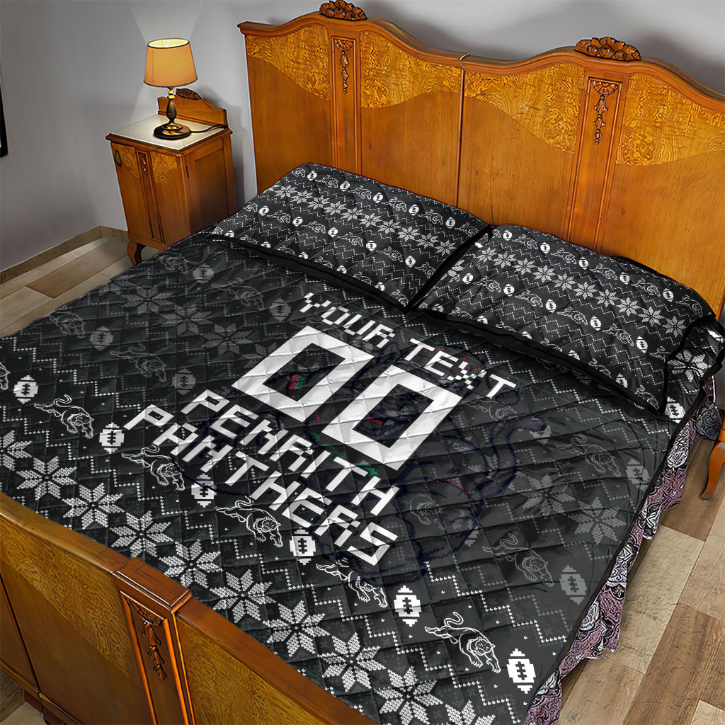 Personalized Penrith Panthers Christmas Quilt Bed Set Australian Rugby Fans - Pixelated Ugly Xmas Pattern Mascot Santa