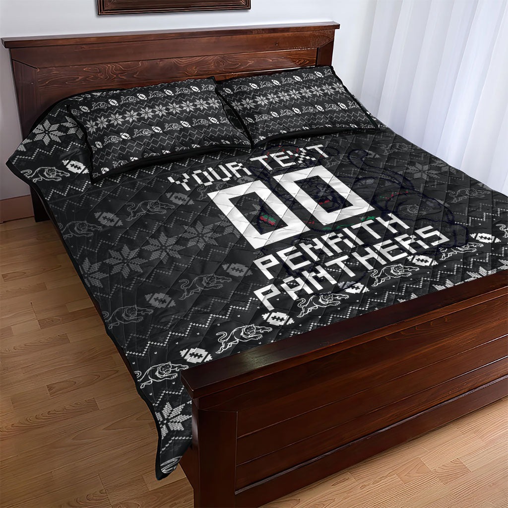 Personalized Penrith Panthers Christmas Quilt Bed Set Australian Rugby Fans - Pixelated Ugly Xmas Pattern Mascot Santa