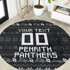Personalized Penrith Panthers Christmas Round Carpet Australian Rugby Fans - Pixelated Ugly Xmas Pattern Mascot Santa
