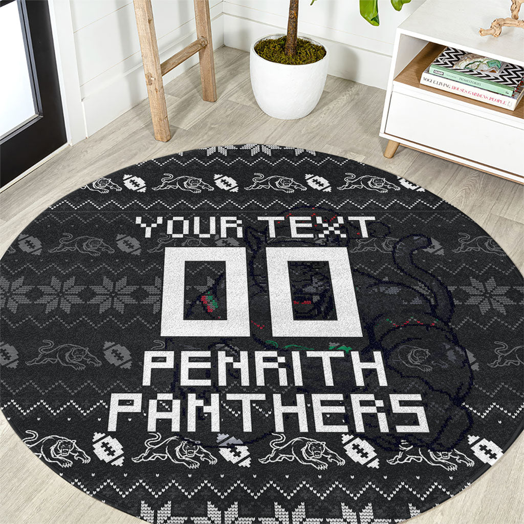 Personalized Penrith Panthers Christmas Round Carpet Australian Rugby Fans - Pixelated Ugly Xmas Pattern Mascot Santa