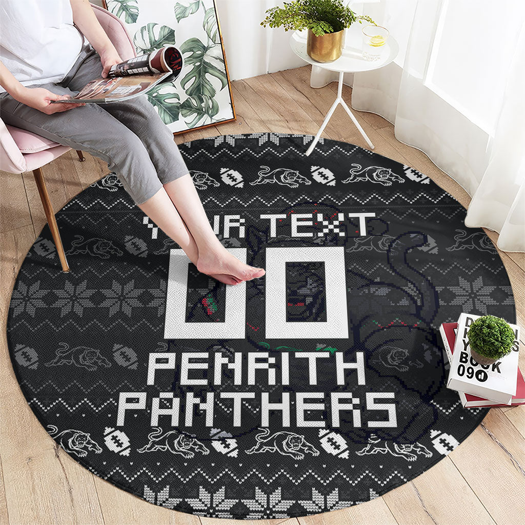 Personalized Penrith Panthers Christmas Round Carpet Australian Rugby Fans - Pixelated Ugly Xmas Pattern Mascot Santa