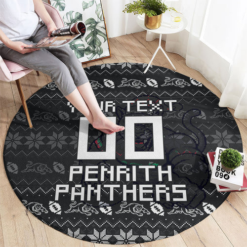 Personalized Penrith Panthers Christmas Round Carpet Australian Rugby Fans - Pixelated Ugly Xmas Pattern Mascot Santa