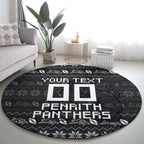 Personalized Penrith Panthers Christmas Round Carpet Australian Rugby Fans - Pixelated Ugly Xmas Pattern Mascot Santa
