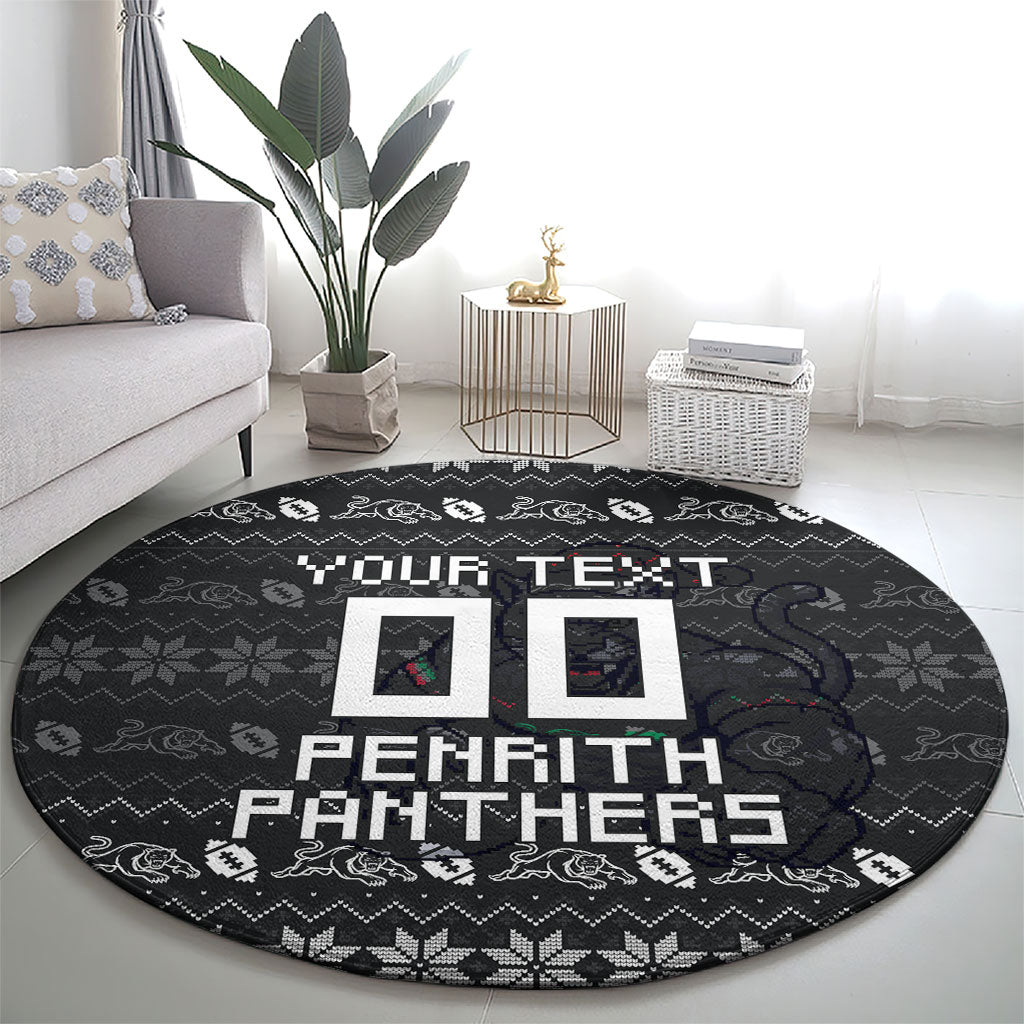 Personalized Penrith Panthers Christmas Round Carpet Australian Rugby Fans - Pixelated Ugly Xmas Pattern Mascot Santa