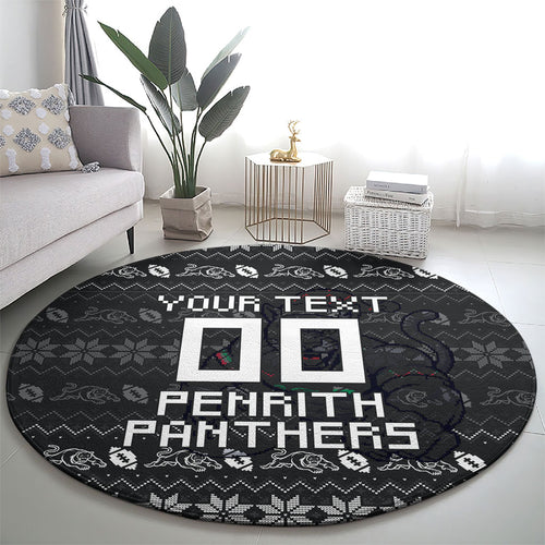 Personalized Penrith Panthers Christmas Round Carpet Australian Rugby Fans - Pixelated Ugly Xmas Pattern Mascot Santa