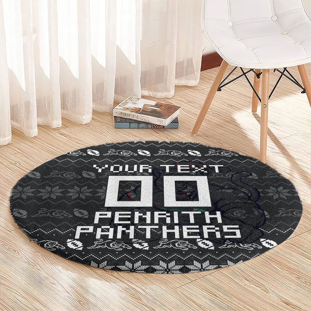 Personalized Penrith Panthers Christmas Round Carpet Australian Rugby Fans - Pixelated Ugly Xmas Pattern Mascot Santa