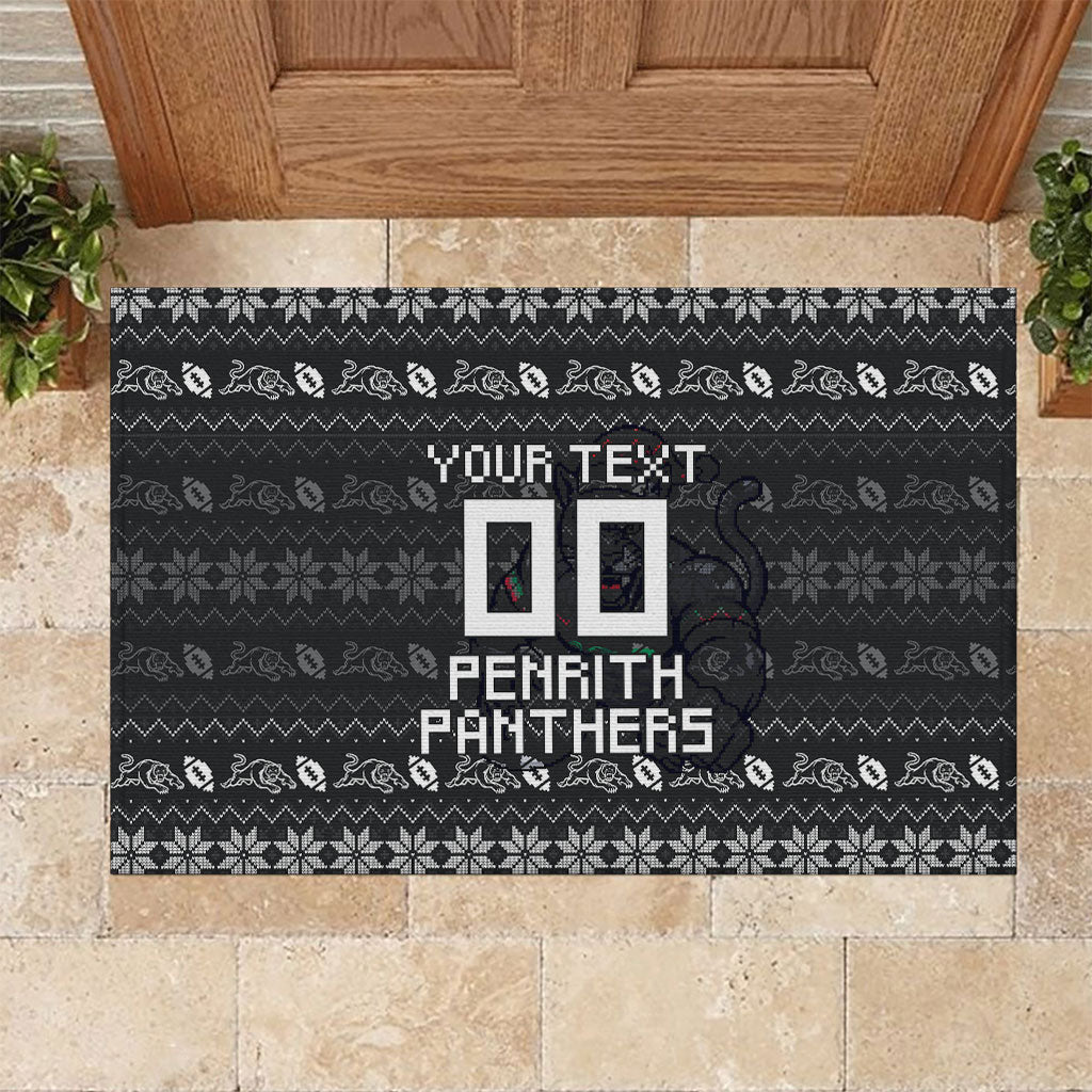 Personalized Penrith Panthers Christmas Rubber Doormat Australian Rugby Fans - Pixelated Ugly Xmas Pattern Mascot Santa
