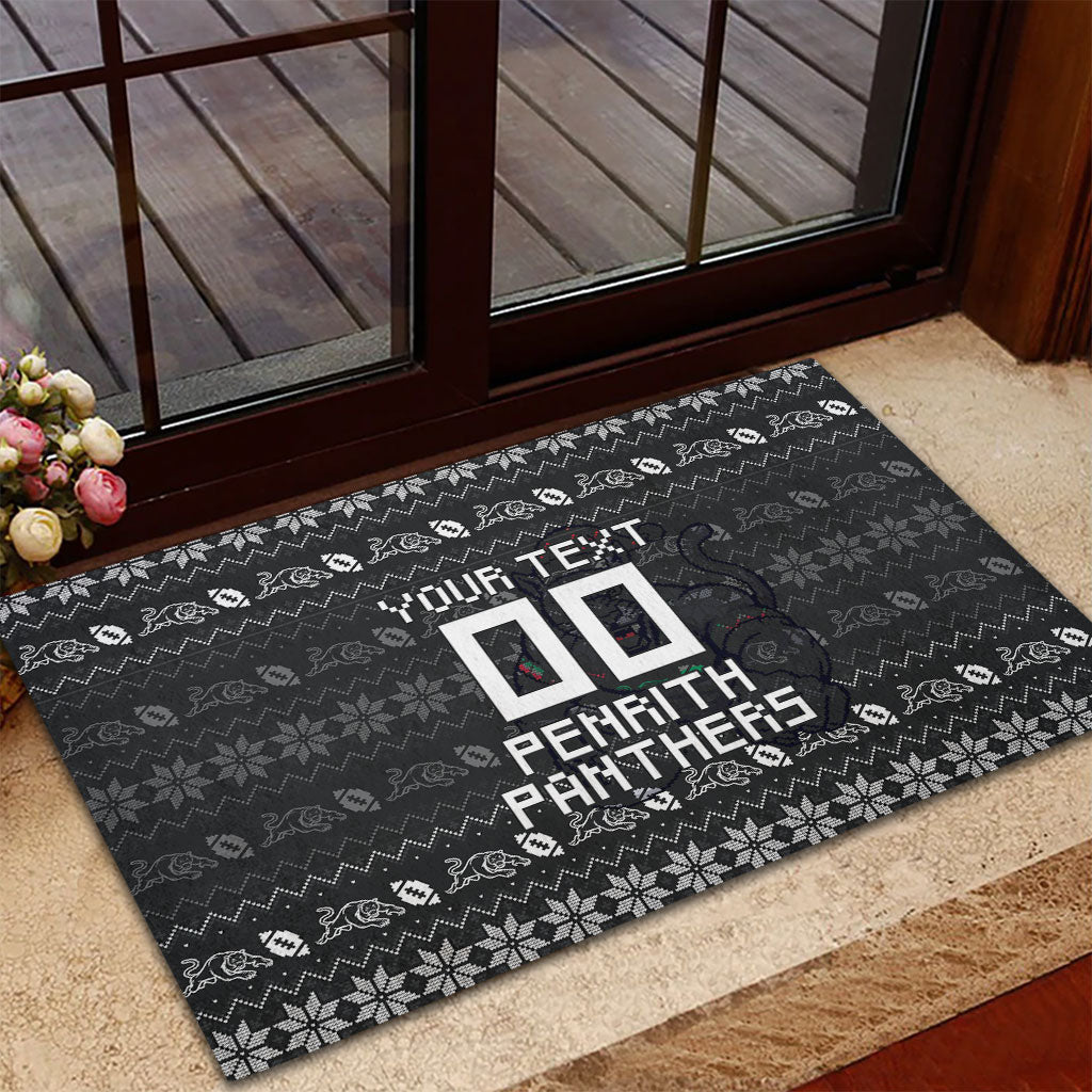 Personalized Penrith Panthers Christmas Rubber Doormat Australian Rugby Fans - Pixelated Ugly Xmas Pattern Mascot Santa