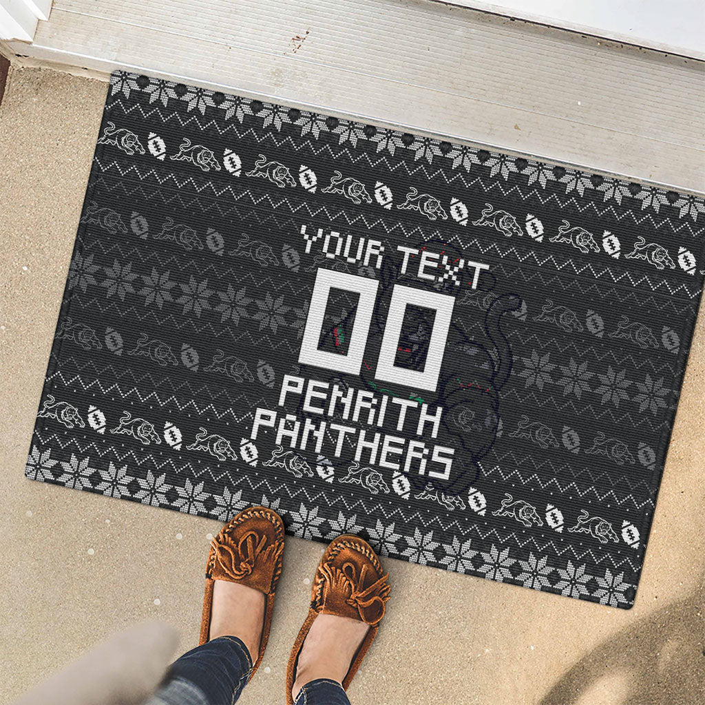 Personalized Penrith Panthers Christmas Rubber Doormat Australian Rugby Fans - Pixelated Ugly Xmas Pattern Mascot Santa