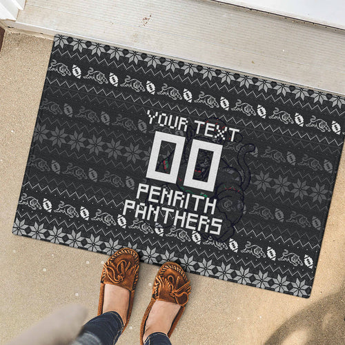 Personalized Penrith Panthers Christmas Rubber Doormat Australian Rugby Fans - Pixelated Ugly Xmas Pattern Mascot Santa