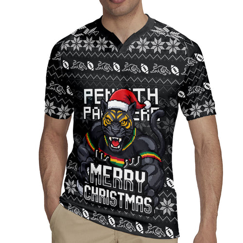 Personalized Penrith Panthers Christmas Rugby Jersey Australian Rugby Fans - Pixelated Ugly Xmas Pattern Mascot Santa