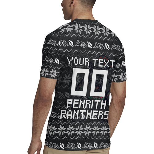 Personalized Penrith Panthers Christmas Rugby Jersey Australian Rugby Fans - Pixelated Ugly Xmas Pattern Mascot Santa