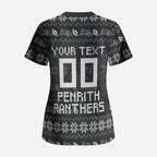 Personalized Penrith Panthers Christmas Scrub Top Australian Rugby Fans - Pixelated Ugly Xmas Pattern Mascot Santa