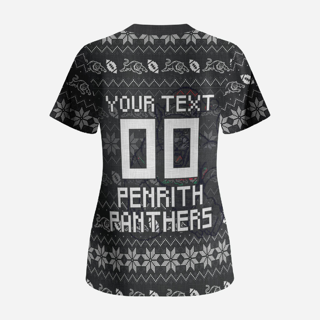 Personalized Penrith Panthers Christmas Scrub Top Australian Rugby Fans - Pixelated Ugly Xmas Pattern Mascot Santa