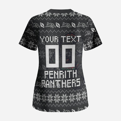 Personalized Penrith Panthers Christmas Scrub Top Australian Rugby Fans - Pixelated Ugly Xmas Pattern Mascot Santa