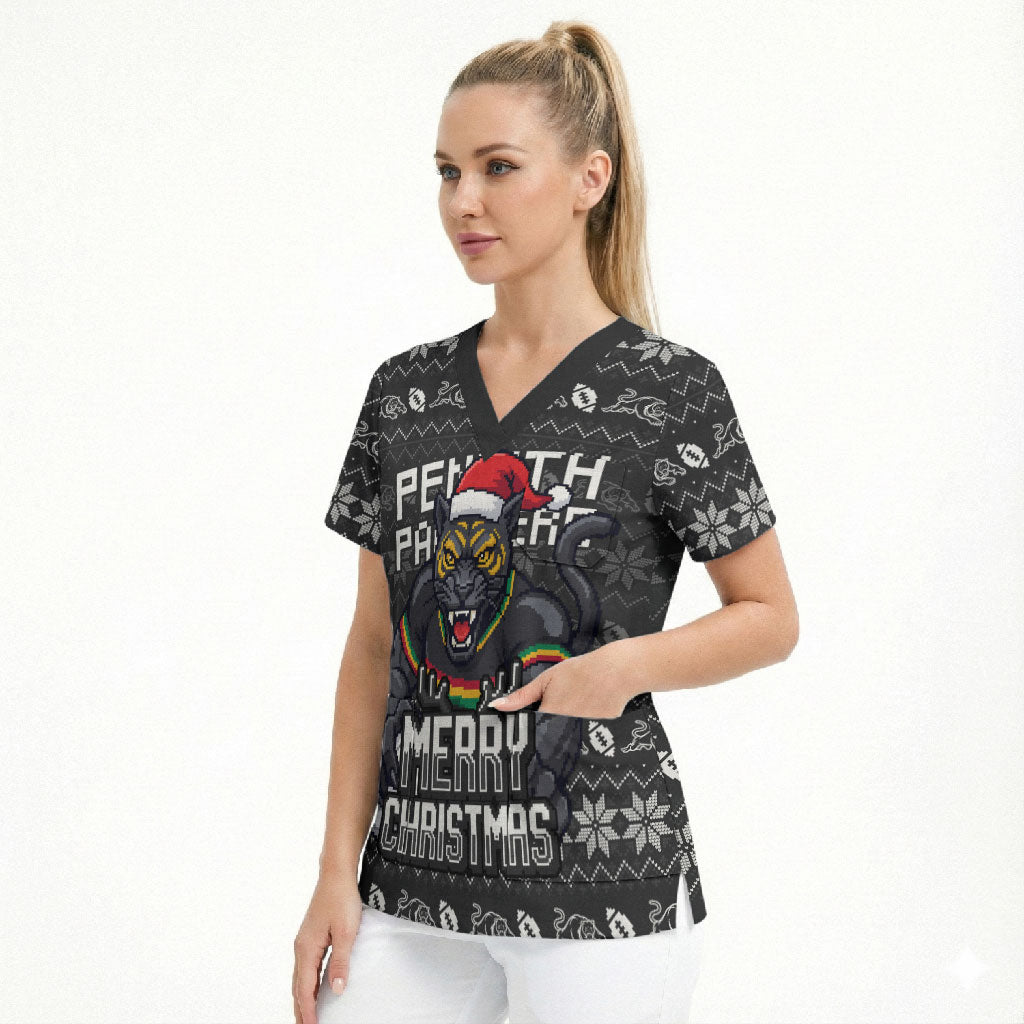 Personalized Penrith Panthers Christmas Scrub Top Australian Rugby Fans - Pixelated Ugly Xmas Pattern Mascot Santa