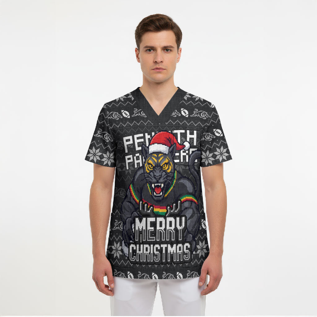 Personalized Penrith Panthers Christmas Scrub Top Australian Rugby Fans - Pixelated Ugly Xmas Pattern Mascot Santa