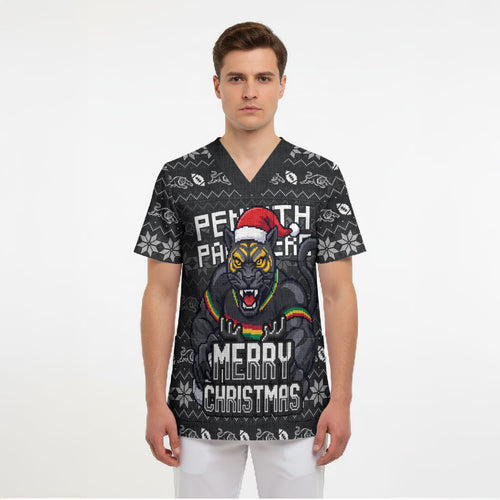 Personalized Penrith Panthers Christmas Scrub Top Australian Rugby Fans - Pixelated Ugly Xmas Pattern Mascot Santa