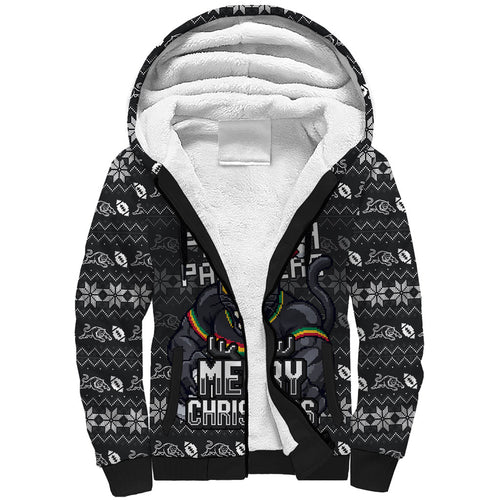 Personalized Penrith Panthers Christmas Sherpa Hoodie Australian Rugby Fans - Pixelated Ugly Xmas Pattern Mascot Santa