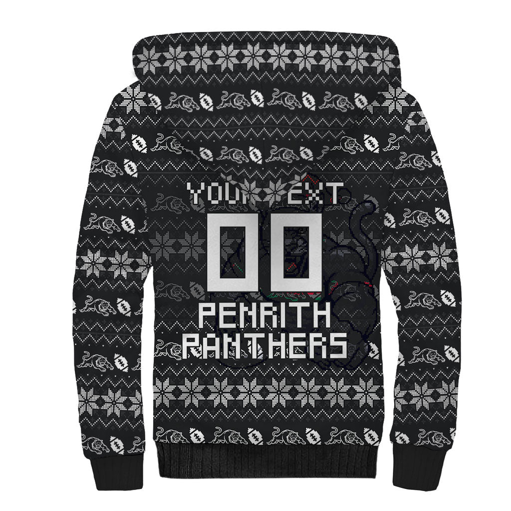 Personalized Penrith Panthers Christmas Sherpa Hoodie Australian Rugby Fans - Pixelated Ugly Xmas Pattern Mascot Santa