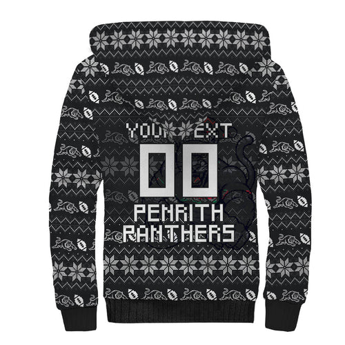 Personalized Penrith Panthers Christmas Sherpa Hoodie Australian Rugby Fans - Pixelated Ugly Xmas Pattern Mascot Santa