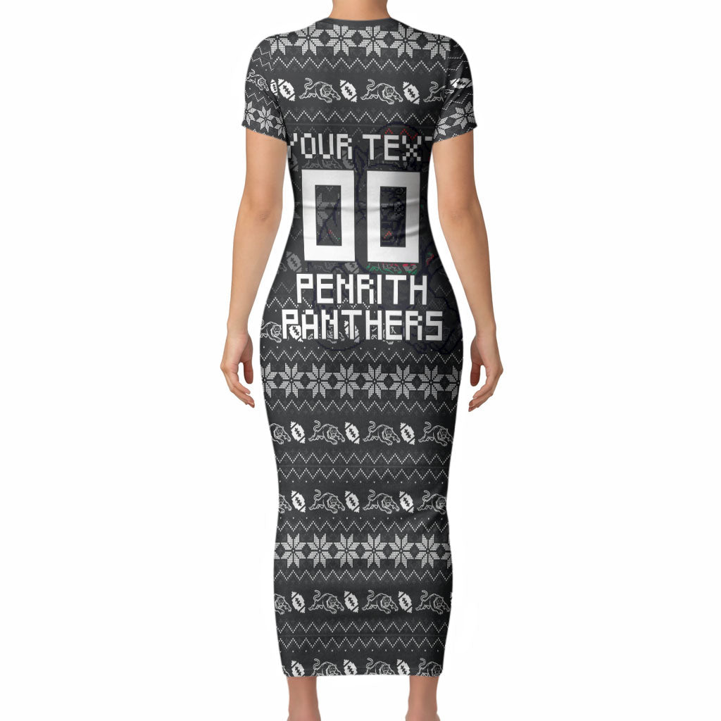 Personalized Penrith Panthers Christmas Short Sleeve Bodycon Dress Australian Rugby Fans - Pixelated Ugly Xmas Pattern Mascot Santa