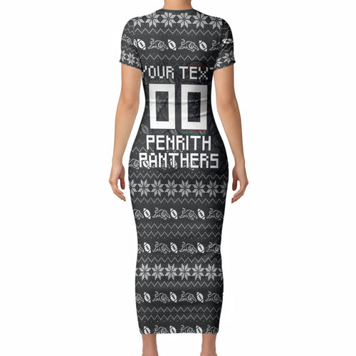 Personalized Penrith Panthers Christmas Short Sleeve Bodycon Dress Australian Rugby Fans - Pixelated Ugly Xmas Pattern Mascot Santa