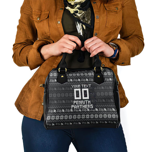 Personalized Penrith Panthers Christmas Shoulder Handbag Australian Rugby Fans - Pixelated Ugly Xmas Pattern Mascot Santa