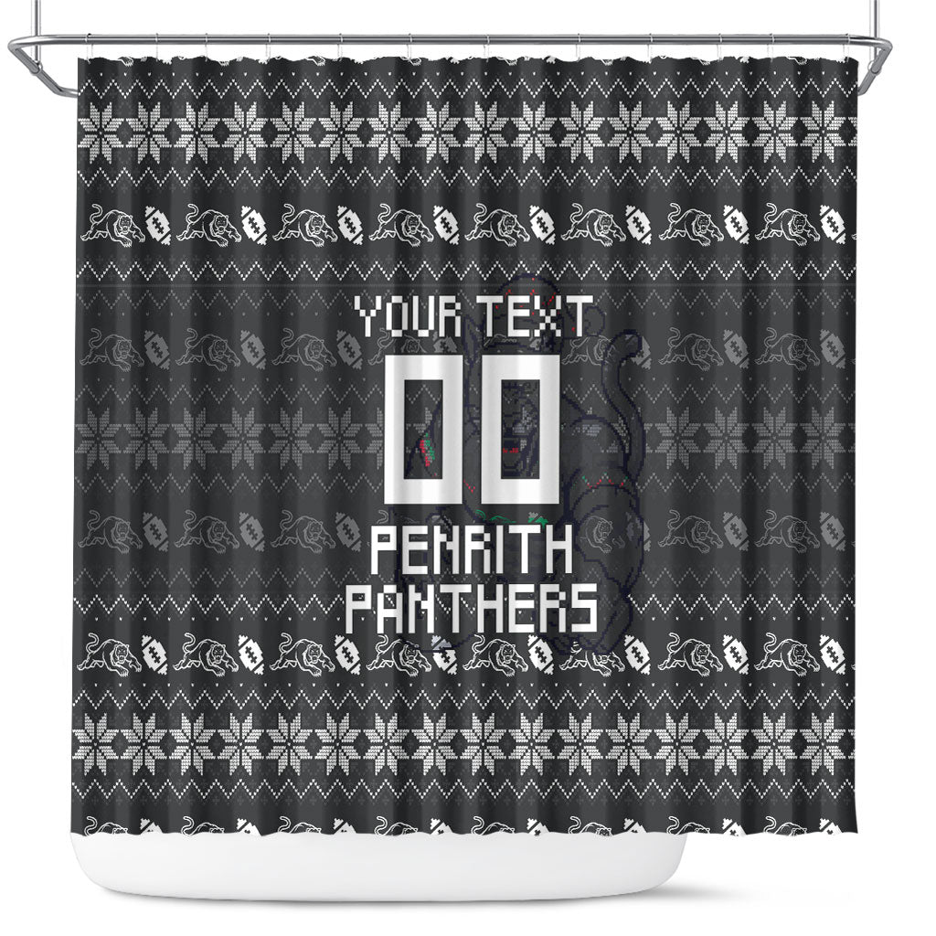 Personalized Penrith Panthers Christmas Shower Curtain Australian Rugby Fans - Pixelated Ugly Xmas Pattern Mascot Santa