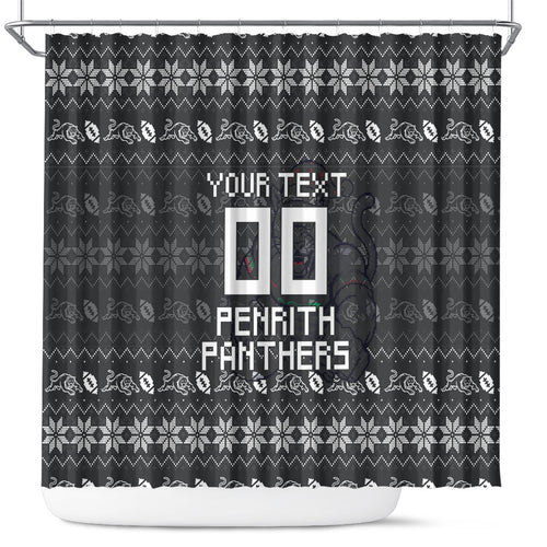 Personalized Penrith Panthers Christmas Shower Curtain Australian Rugby Fans - Pixelated Ugly Xmas Pattern Mascot Santa