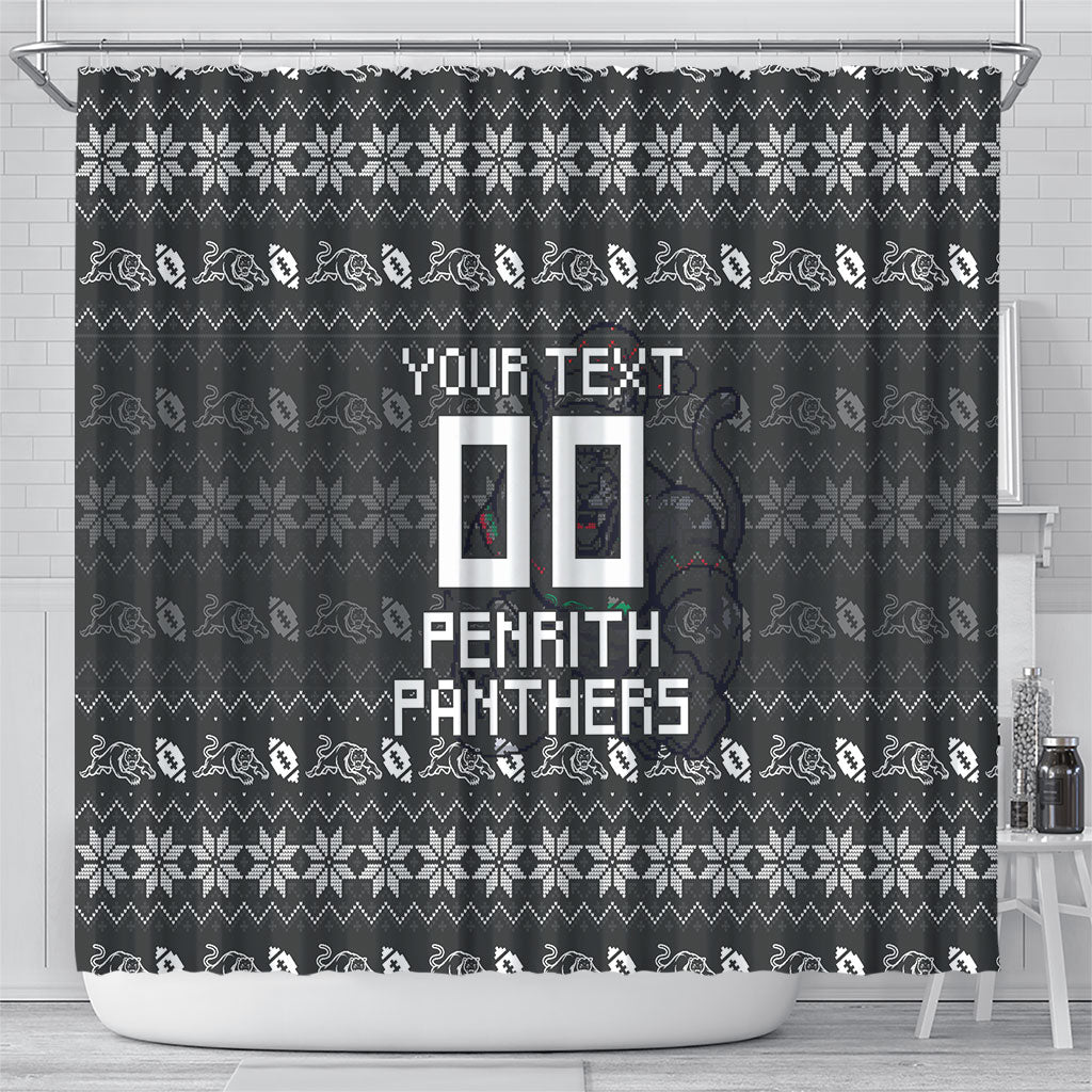Personalized Penrith Panthers Christmas Shower Curtain Australian Rugby Fans - Pixelated Ugly Xmas Pattern Mascot Santa