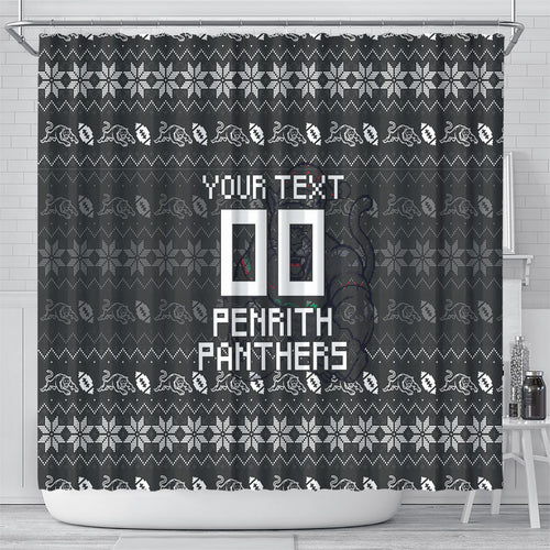 Personalized Penrith Panthers Christmas Shower Curtain Australian Rugby Fans - Pixelated Ugly Xmas Pattern Mascot Santa
