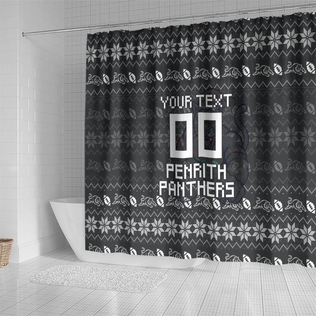 Personalized Penrith Panthers Christmas Shower Curtain Australian Rugby Fans - Pixelated Ugly Xmas Pattern Mascot Santa