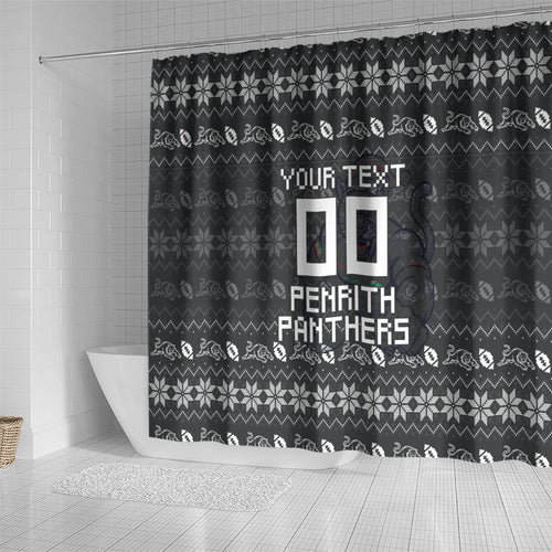 Personalized Penrith Panthers Christmas Shower Curtain Australian Rugby Fans - Pixelated Ugly Xmas Pattern Mascot Santa