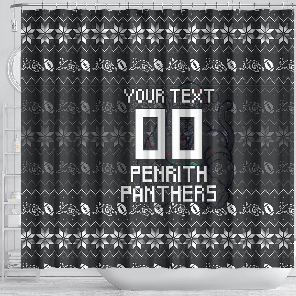 Personalized Penrith Panthers Christmas Shower Curtain Australian Rugby Fans - Pixelated Ugly Xmas Pattern Mascot Santa