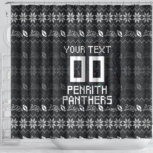 Personalized Penrith Panthers Christmas Shower Curtain Australian Rugby Fans - Pixelated Ugly Xmas Pattern Mascot Santa