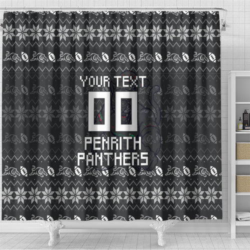 Personalized Penrith Panthers Christmas Shower Curtain Australian Rugby Fans - Pixelated Ugly Xmas Pattern Mascot Santa