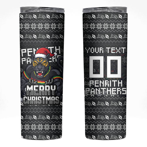 Personalized Penrith Panthers Christmas Skinny Tumbler Australian Rugby Fans - Pixelated Ugly Xmas Pattern Mascot Santa