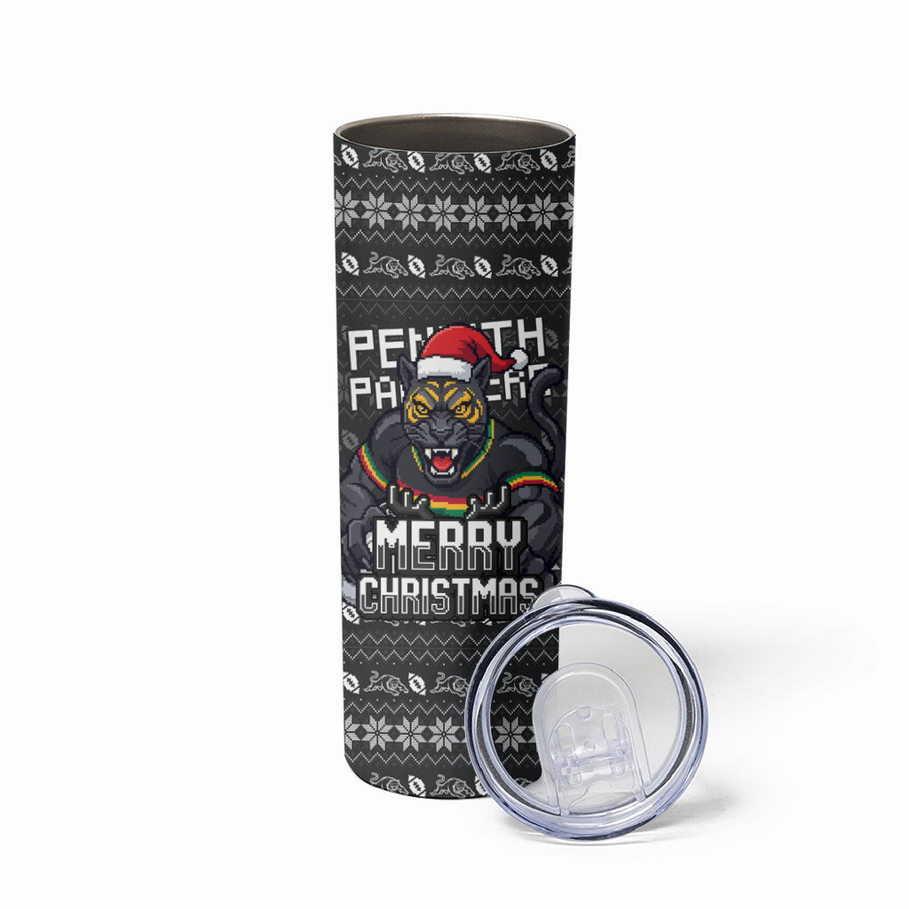 Personalized Penrith Panthers Christmas Skinny Tumbler Australian Rugby Fans - Pixelated Ugly Xmas Pattern Mascot Santa