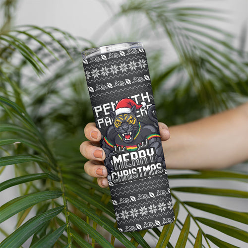 Personalized Penrith Panthers Christmas Skinny Tumbler Australian Rugby Fans - Pixelated Ugly Xmas Pattern Mascot Santa